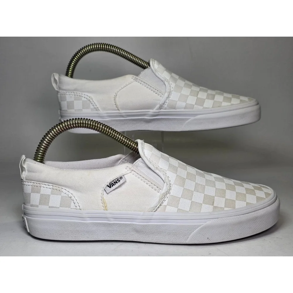 VANS Checkerboard Youth Sneakers Size 4 White Cream Low Top Slip On Shoes 500714